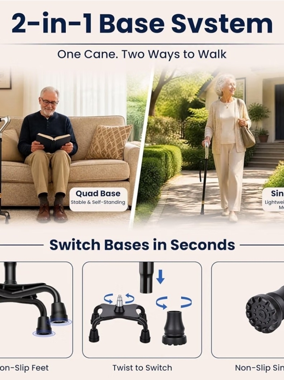 Walking Cane W. LED Light | Quad Base | 30"–39" Adjustable Height | NEW IN BOX | - Picture 4 of 6